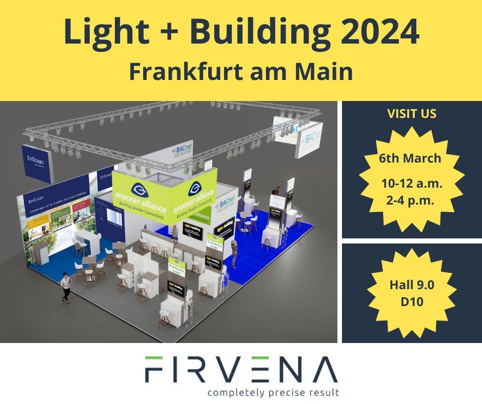 LIGHT + BUILDING 2024 We are excited to showcase FIRVENA EnOcean GATEWAYS at the @EnOcean booth alongside other @EnOceanAlliance Members. Where? Hall 9.0, D10 When? Wednesday 6th March, 10-12 a.m. or 2-4 p.m. Will we meet? Jan and Silvie #LB24 #enocean #smartbuilding