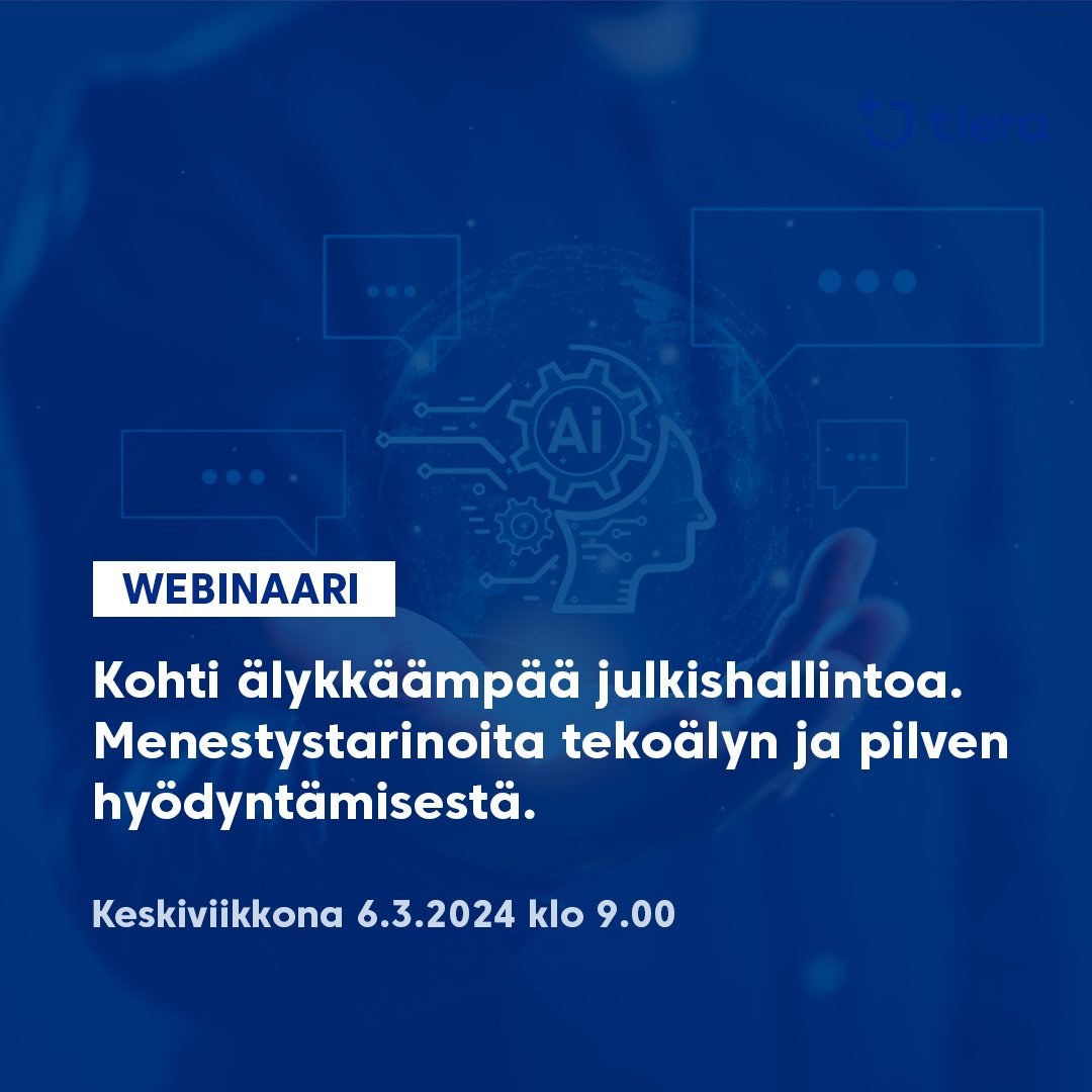 Kohti älykkäämpää julkishallintoa – Menestystarinoita tekoälyn ja pilven hyödyntämisestä – webinaari! 👉 tiera.fi/webinaarit/koh…

#tiera #tieralaiset #toiminnanuudistajat #webinaari #tekoäly #pilviteknologiat #tiera365 #menestystarinat