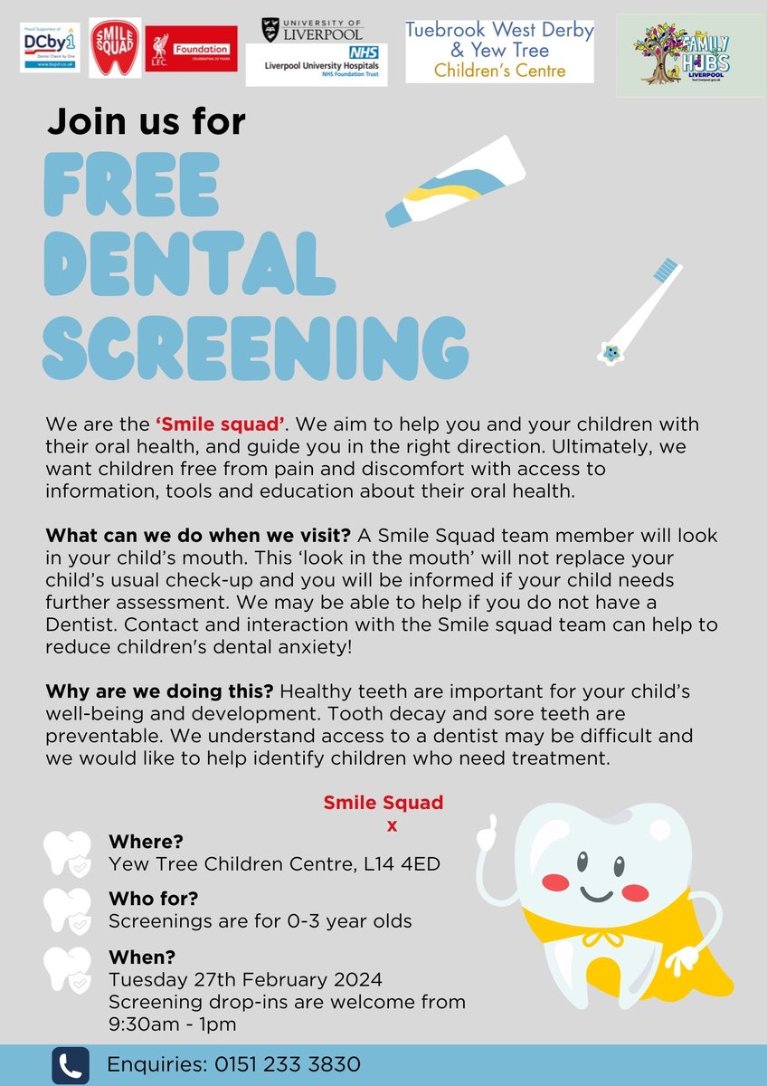 🪥🦷 TOMORROW The Smile Squad are coming to Yew Tree Children Centre 9:30am - 1pm 🦷🪥 @MabLanePri @Blueberryparkuk @TheDrive_L14 @bpinfant @SPSTLiverpool @RunnymedeStEd @sandfieldschool @SVPrimary1 @StBrigidsCPS @StalbertsRc @AlderHey @LivPaCL8 @MarysCentre