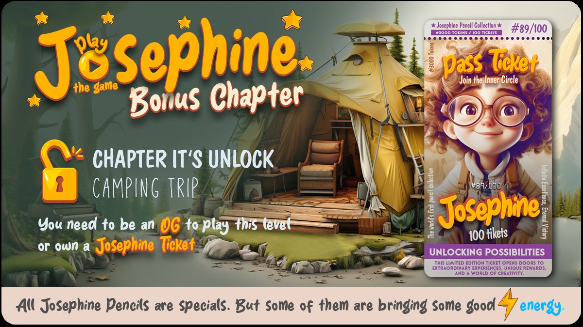 JosephinePencil's tweet photo. Chapter 12 " Camping Trip" it's Unlock! ⛺ 

To access this exclusive chapter, you must have anJosephine Ticket. 

Chapter 12 will be available to all players in just one month's time. https://t.co/l06G0GMdj2