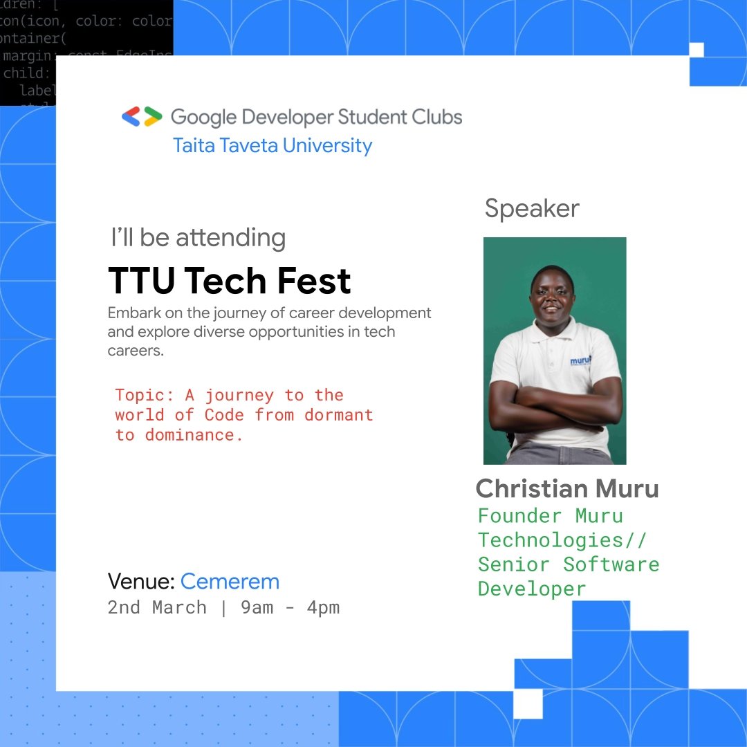 DscTtu's tweet image. Speakers Lineup 🚨

Our First Speaker for #TTUTechFest24 will be @christian_muru who will be talking about A journey to the World of Code from Dormant to Dominance. Join us as we get to learn from Christian Muru.
#DevelopersstudentClub
#TTUTechFest24