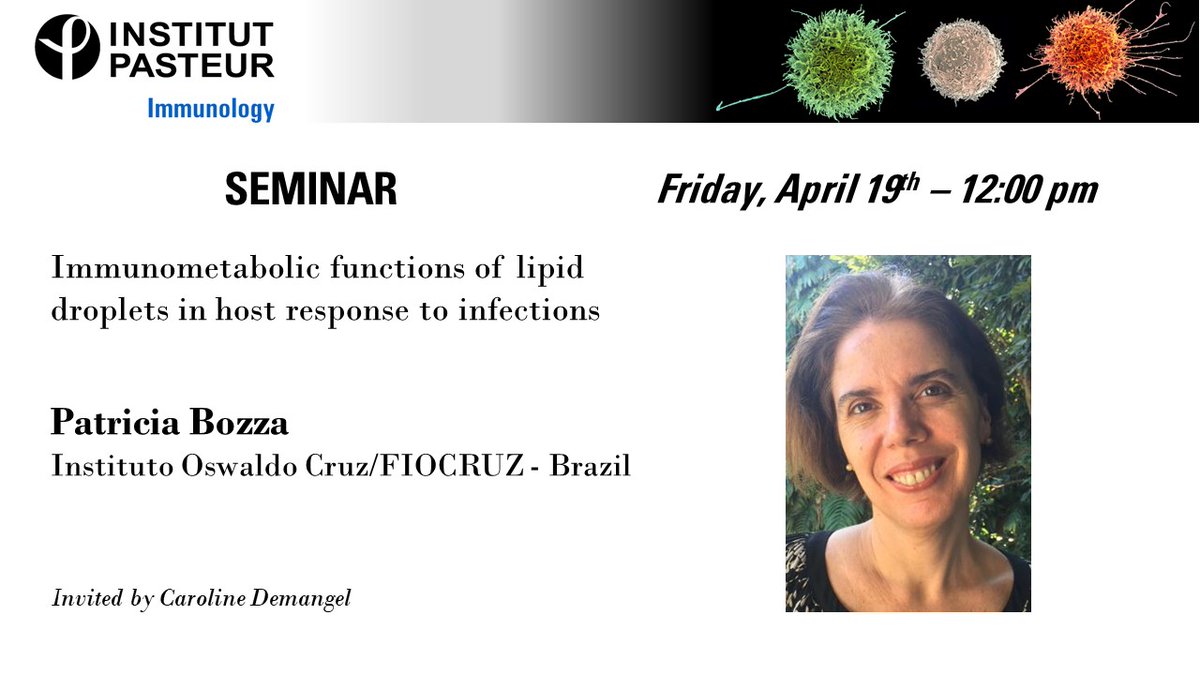 ImmunoPasteur (@immunopasteur) on Twitter photo 📅Next <a href="/ImmunoPasteur/">ImmunoPasteur</a> seminar this Friday
Patricia Bozza from Instituto Oswaldo Cruz/FIOCRUZ <a href="/fiocruz_en/">Fiocruz in English</a>
Immunometabolicfunctions of lipid droplets in host response to infections
Invited by @Demangel_Lab 📅Next <a href="/ImmunoPasteur/">ImmunoPasteur</a> seminar this Friday
Patricia Bozza from Instituto Oswaldo Cruz/FIOCRUZ <a href="/fiocruz_en/">Fiocruz in English</a>
Immunometabolicfunctions of lipid droplets in host response to infections
Invited by @Demangel_Lab