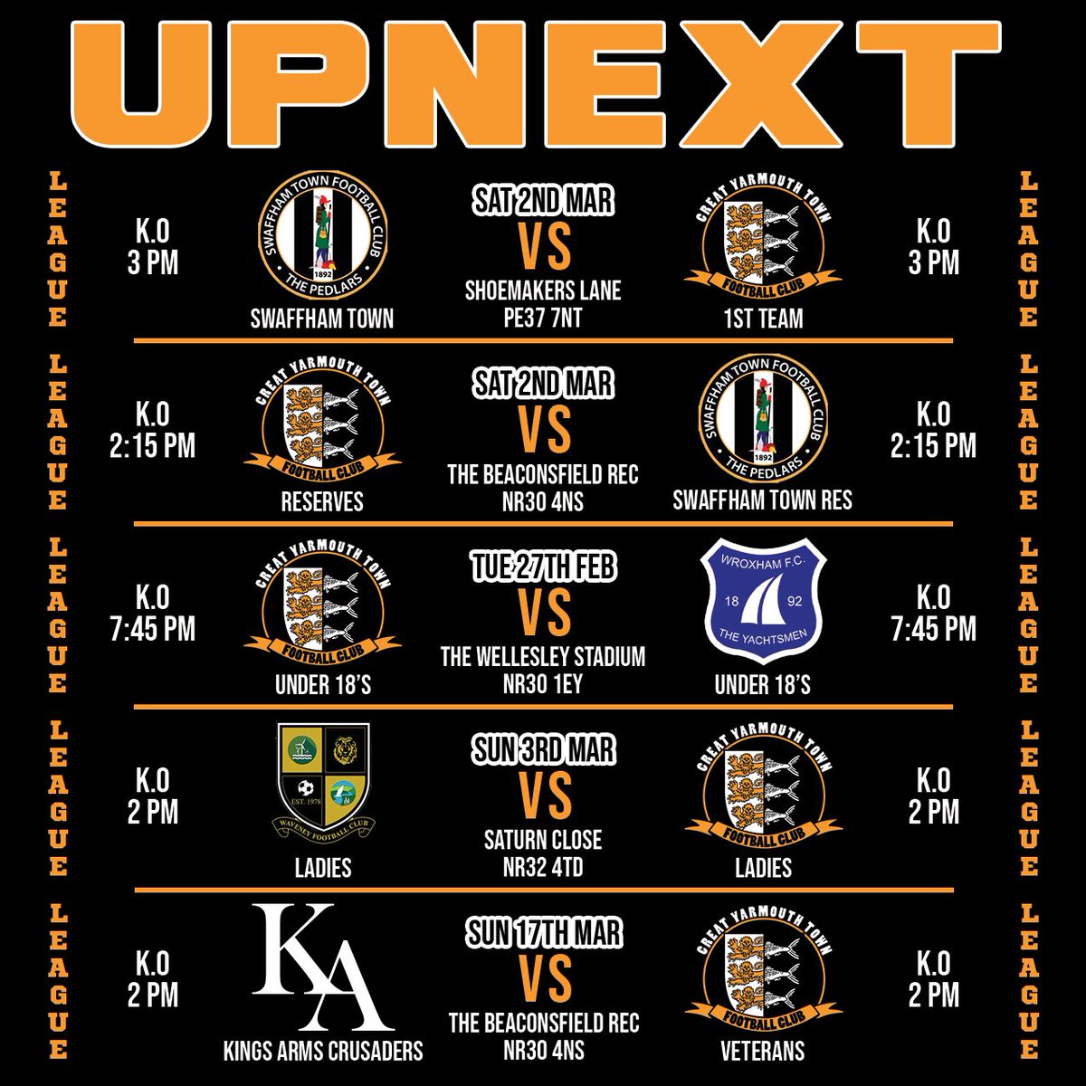 The_Bloaters's tweet photo. 🧡🖤 UPNEXT 🖤🧡
Here is a look at whats ahead for The Bloaters teams.
 #thebloaters #utb #upthebloaters #greatyarmouthtownfc #GYTFC #nonleague #hergametoo #thewellesley https://t.co/DvWNg4O0fD