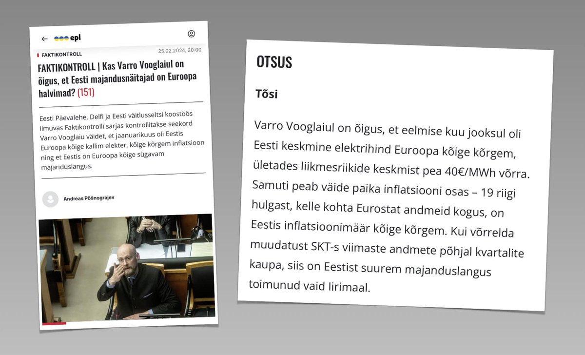 EPL faktikontrolli otsus Varro Vooglaiu ütluste kohta: Tõsi! Euroopa Liidu riikidest on kõige kõrgem elektrihind ja kõige suurem majanduslangus justnimelt Kaja Kallase poolt juhitud Eesti riigis!