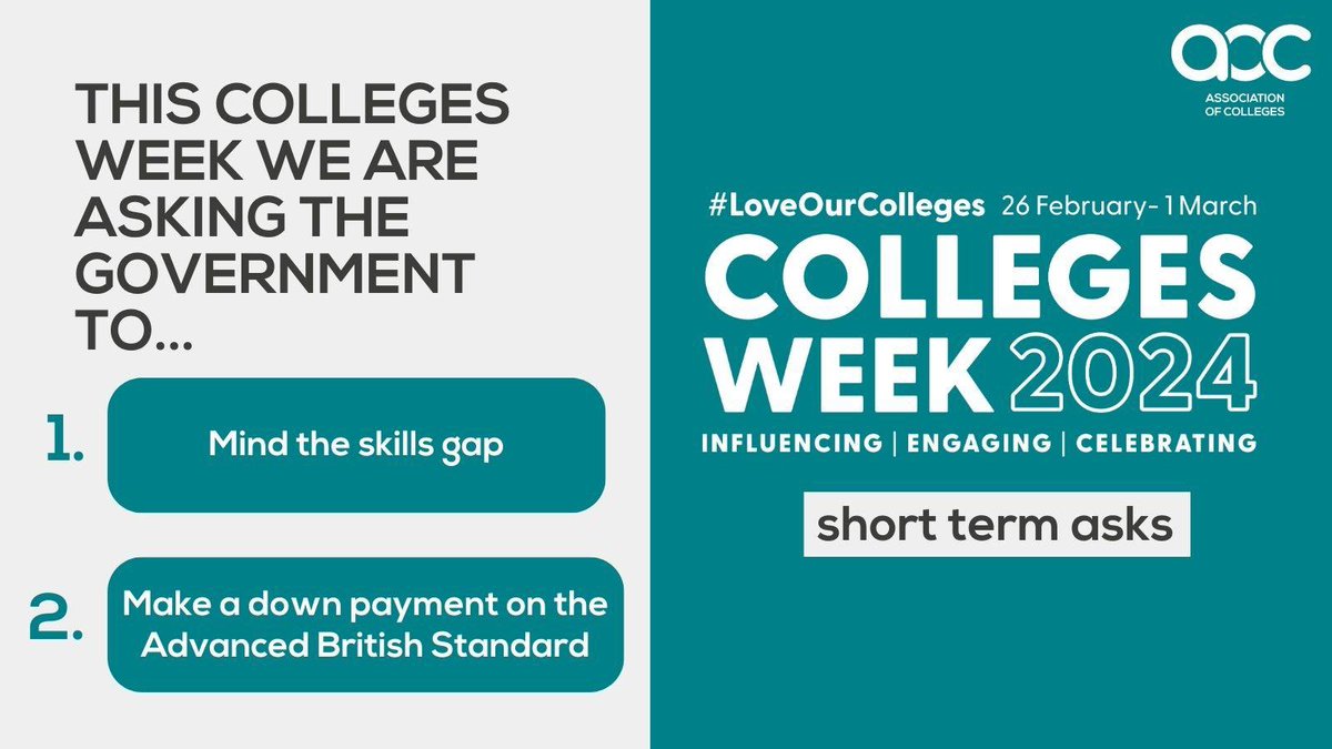 It’s #CollegesWeek2024 and with a week to go until the spring budget we are asking government to: Mind the skills gap Make a down payment on ABS These steps will allow colleges to play an even bigger role in a strong society and a growing economy. @AoC_info #LoveOurColleges