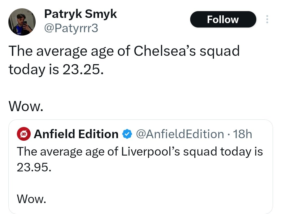For the record, the average age of Chelsea's first 11 last night was lower than Liverpool's

#CFC