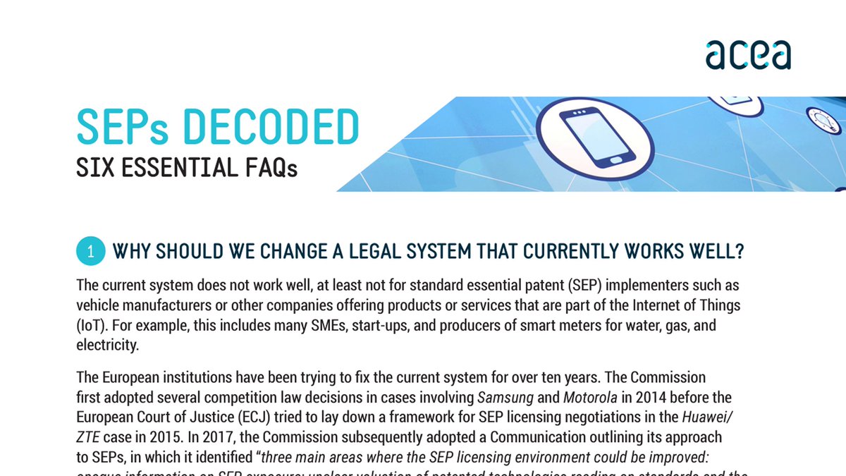 This week the <a href="/EUparliament/">European Parliament</a> will vote on the <a href="/EU_Commission/">European Commission</a>'s proposal to reform standard essential patents (SEPs). This proposal offers much-needed transparency and fairness, crucial for levelling the playing field between SEP implementers and holders.

ACEA’s FAQs “SEPs