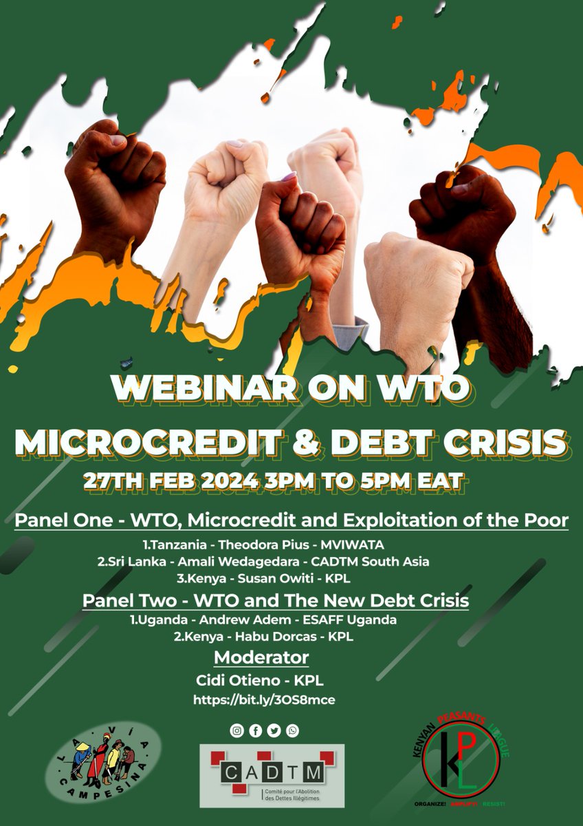 Don't miss tomorrow's webinar On WTO microcredit & Debt Crisis. Let our voices be heard & resist free trade agreements that threaten our Food sovereignty @via_campesina  #FOODSovereigntyNOW 
#WTOKillsKenya