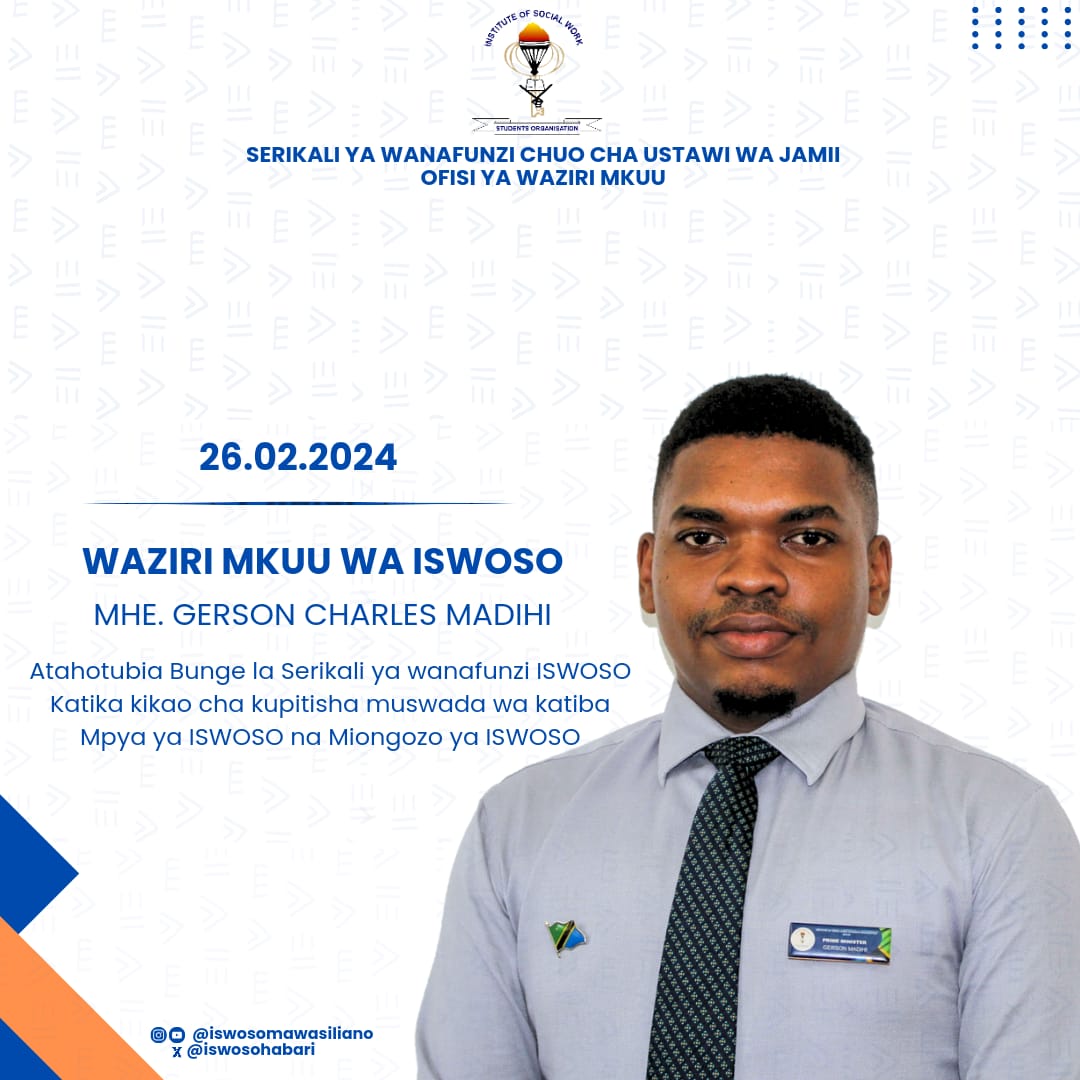 Mheshimiwa Waziri Mkuu ndugu @gc_madihi mdaa huu anahutubia Bunge la Serikali ya Wanafunzi Chuo cha Ustawi wa Jamii katika kupitisha Muswada wa Katiba mpya ya Serikali ya wanafunzi (ISWOSO) pamoja na miongozo mbalimbali iliyoundwa chini Baraza la mawaziri.