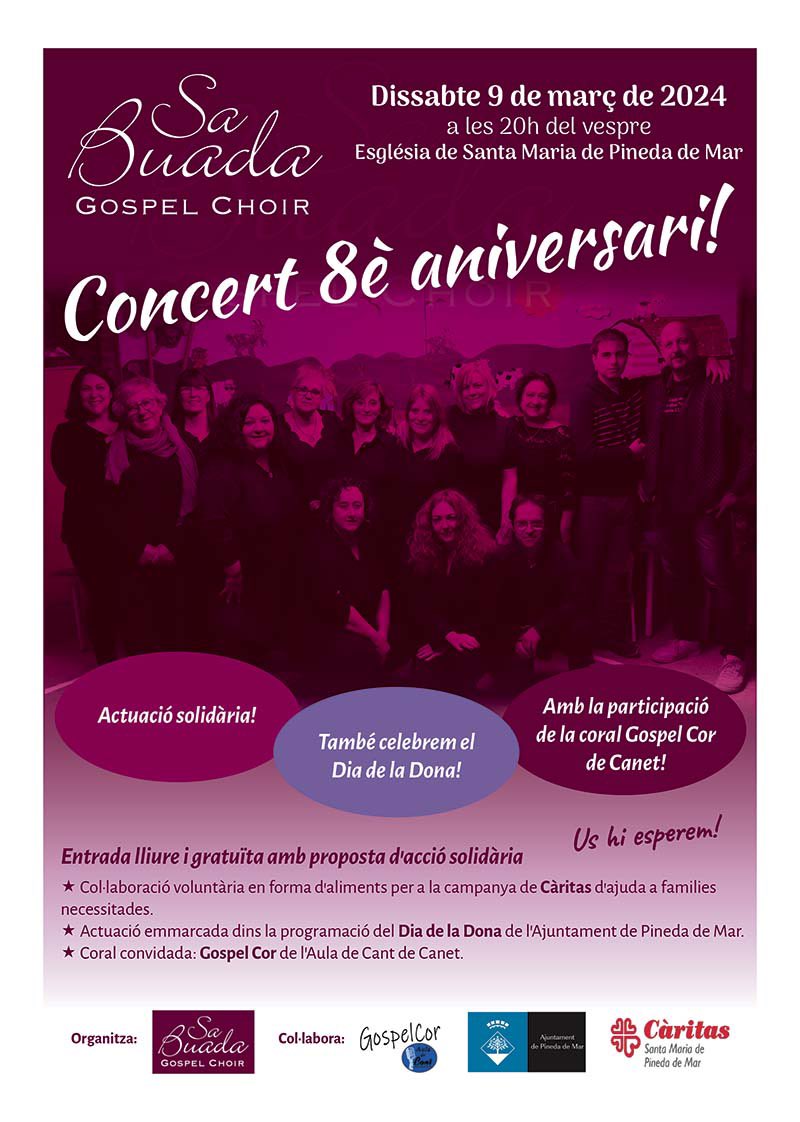Bon dia!

El dia 9/3 a les 20 hores, concert de celebració del nostre 8è aniversari🎈✨

Serà un concert solidari, reivindicatiu i amb una sorpresa ben especial, l’estrena del Gospel Cor de l’Aula de Cant de Canet de Mar sota la direcció de <a href="/conxitaRsoler/">Conxita R.Soler</a> 

No hi podeu faltar!💜