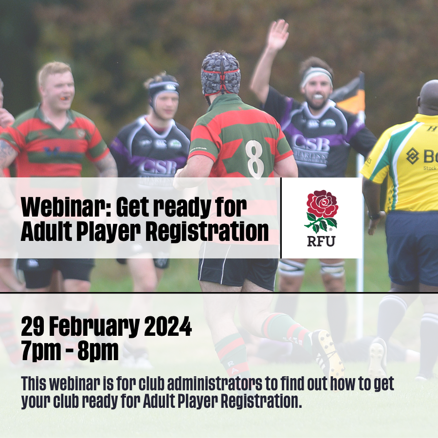 Join an upcoming webinar to find out how to get your club ready for Adult Player Registration  
Those that register for and attend this session have the chance to win a £500 Gilbert Rugby voucher for their club  
Register: bit.ly/3T1dHAz