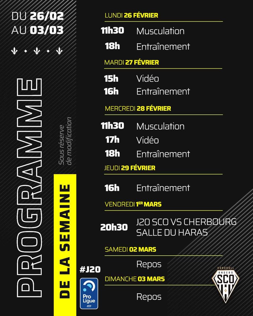 𝗣𝗥𝗢𝗚𝗥𝗔𝗠𝗠𝗘 😉 Après une semaine sans match, notre team SCO Handball affronte Cherbourg 𝘃𝗲𝗻𝗱𝗿𝗲𝗱𝗶 𝟭𝗲𝗿 𝗺𝗮𝗿𝘀 à 20h30, salle du Haras !⚡ Réservez ici ➡️ billetterie.angers-sco.fr/fr/product/320… #SportAngers #angerssco #teamsco #LaForceDuSCO #LaDalleAngevine #Proligue #LNH