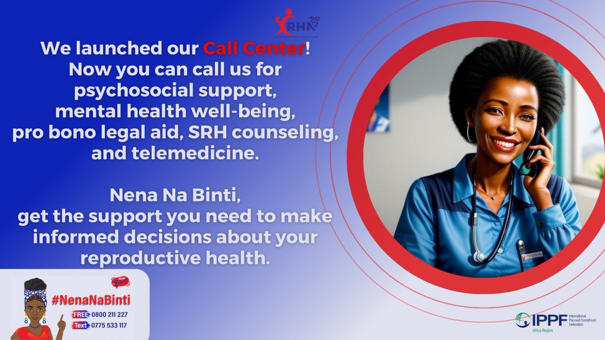 As we promised,
#NenaNaBinti call center is here for you!
Our toll-free hotline is now providing 24/7 support on; ✓Reproductive health
✓Psychological counseling,
✓Pro-bono services
Call us now to talk to our trained counselors and get the guidance you need.