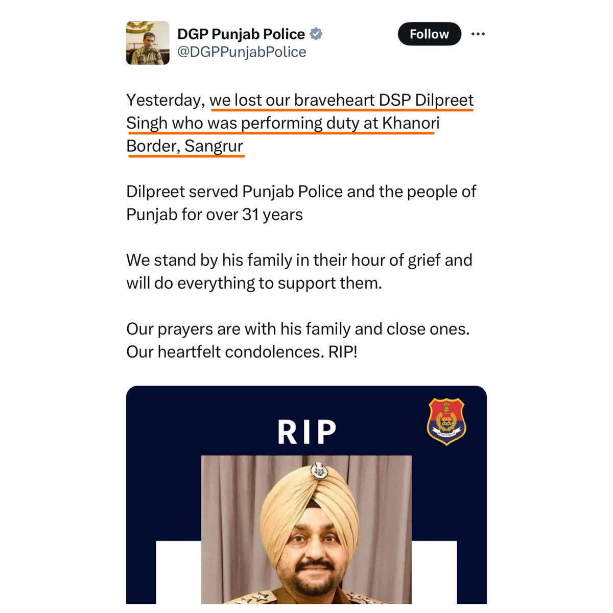 tractor2twitr_c's tweet photo. Officer did not lose his life while performing his duty at farmers protest; he was not even there. He lost his life to cardiac arrest while he was at a gym.

@BhagwantMann must ensure that no false propaganda is fueled against farmers by his bureaucracy.

@DGPPunjabPolice https://t.co/JHvJ9inzMY