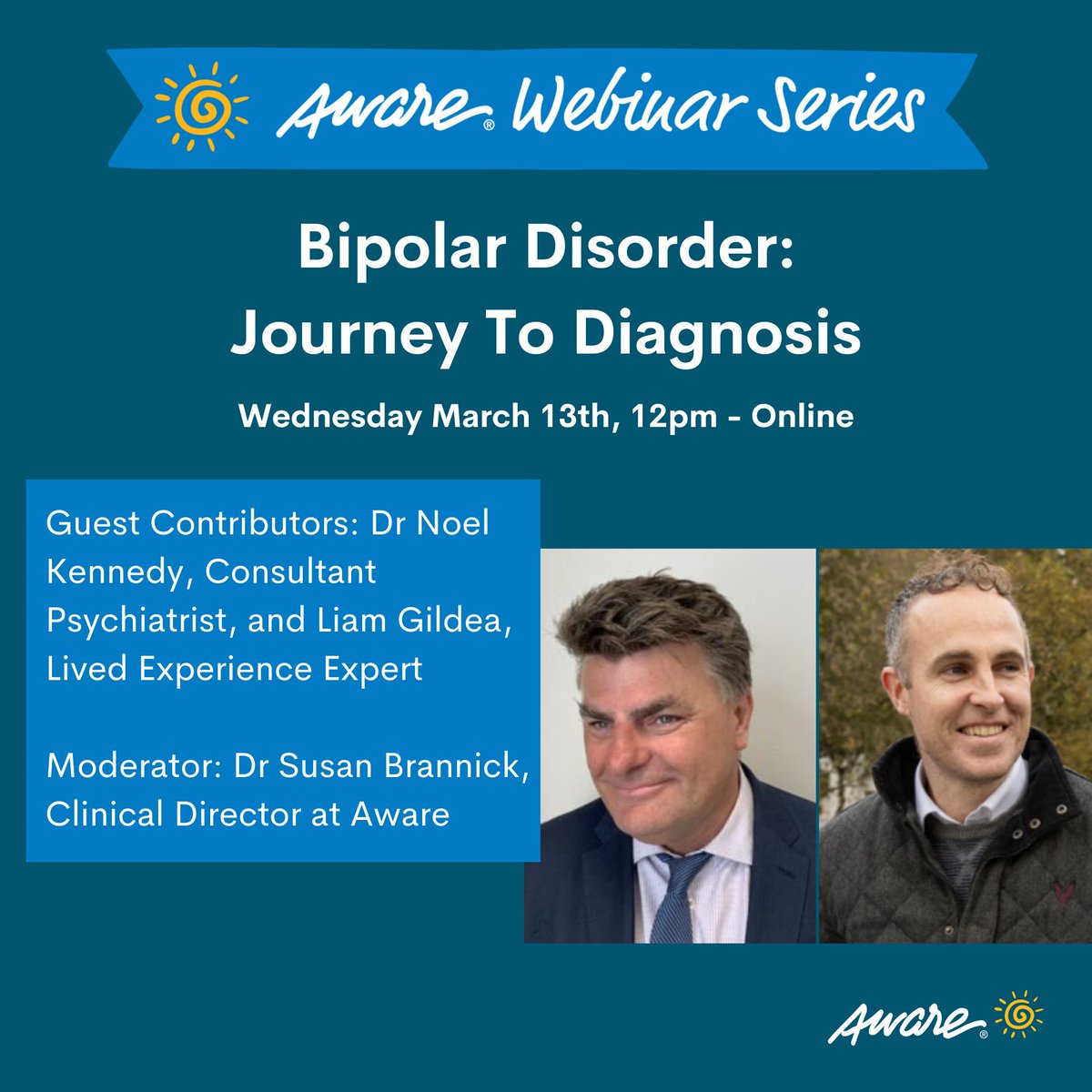 Ahead of World Bipolar Day on March 30th, our free upcoming webinar will look at how bipolar disorder is diagnosed, and the challenges people may face along the way.

Sign up 👉 aware.ie/webinars/upcom…