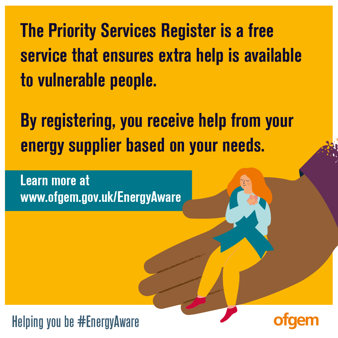 The Priority Services Register is a free service that ensures extra help is available to vulnerable people. 
 
By registering, you receive help from your energy supplier based on your needs. 
 
Learn more here ⬇️
ow.ly/plQl50PYZXO