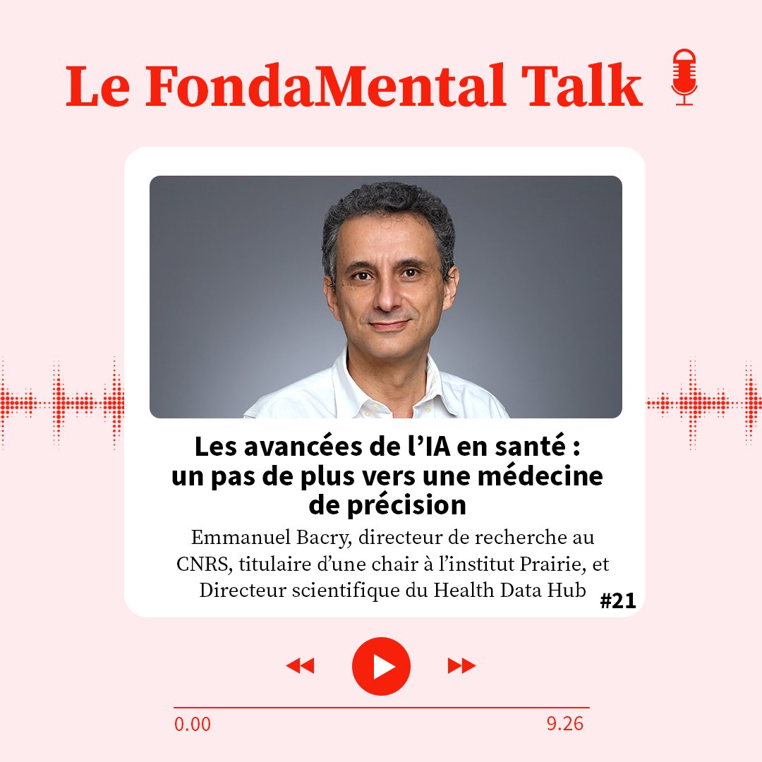 Nous recevons @ebacry, directeur de recherche au @CNRS, titulaire d’une chair à @InstitutPrairie, et Directeur scientifique du @HealthDataHub Avec lui, nous évoquerons les différentes applications prometteuses de l’intelligence artificielle en santé. ➡️ podcast.ausha.co/fondamentaltal…