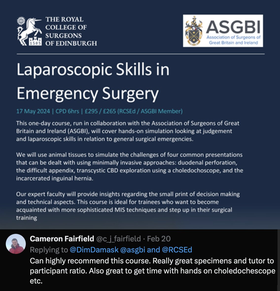 Excellent course 😷 developed by @DimDamask focussing on EGS Laparoscopic Skills. For surgeons looking to develop lap skills in tackling appx/peptic ulcer disease/biliary disease/acute hernias. Well-priced, very good lunch and welcoming, expert faculty. Thx Cameron review !