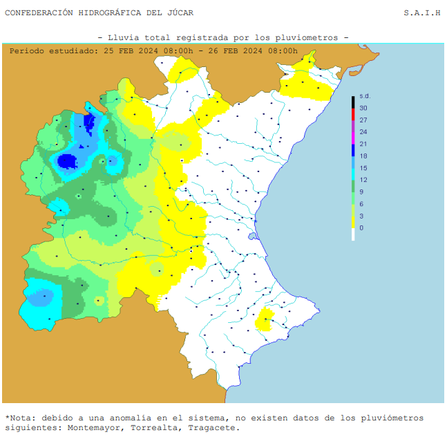 🌧️ Publicamos el #InformeDeLluviasCHJ del 25 de febrero.

👉 Las mayores precipitaciones se registraron en el Alto Júcar.

📊 Destacan los 21.4 l/m² acumulados en Arcas de Villar, 20.6 en Beamud y 19.4 en Boniches.

➕Info en saih.chj.es/chj/informes/2…