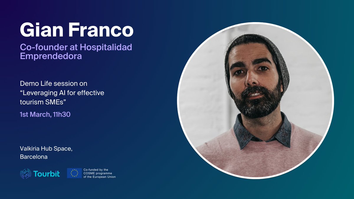 Tourbit_EU's tweet image. 🟣 #TourbitFinalConference | Meet Gian Franco, Co-founder of @EmprendePodcast and one of our keynote speakers!

His live demo in &quot;AI for Tourism SMEs&quot; will show the real impact of AI. Gain insights from his expertise in Web3 and tourism.

ℹ️ Register: bit.ly/3S00rKX