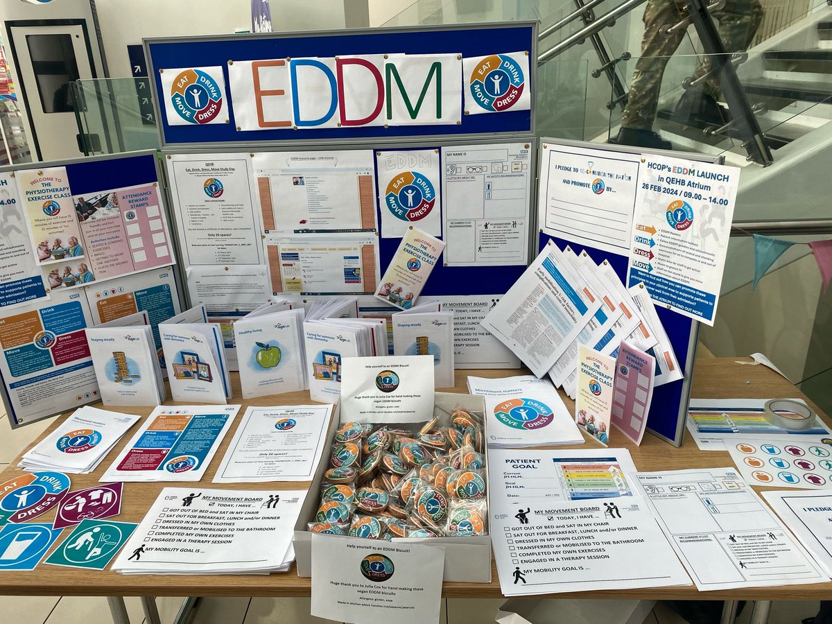 All set for our 9am kick off @uhbtrust QEHB Atrium for #EatDrinkDressMove launch! Come take a look at all our information, chat to staff and get active yourselves 🕺🏻 🚲 to embrace #EDDM and consider how to support your patients recover well in hospital #preventdeconditioning