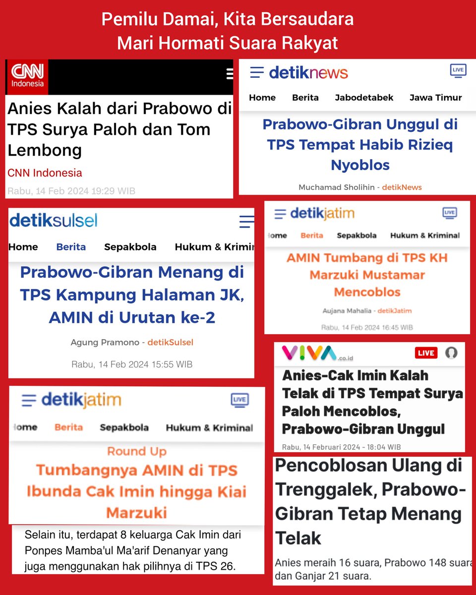 Mari hormati suara seluruh masyarakat dan kerja keras dari 5.741.127 KPPS, puluhan ribu komisioner, staf KPU, Bawaslu, puluhan juta saksi dari setiap Capres, Caleg, Parpol, tokoh masyarakat, dll. Mereka dan keluarga besarnya adalah pahlawan kita semua. #PemiluDamai