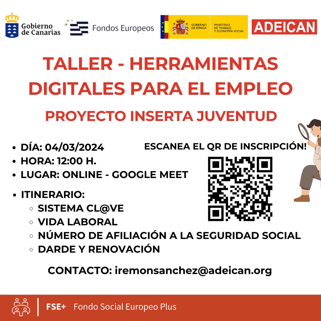 💼 ¿Tienes entre 16 y 30 años? Aprende Herramientas Digitales para el Empleo con nosotros el 04/03 a las 12:00 H. en Google Meet. ¡Inscríbete ya! #EmpleoJuvenil #Empleo #SeguridadSocial #Online