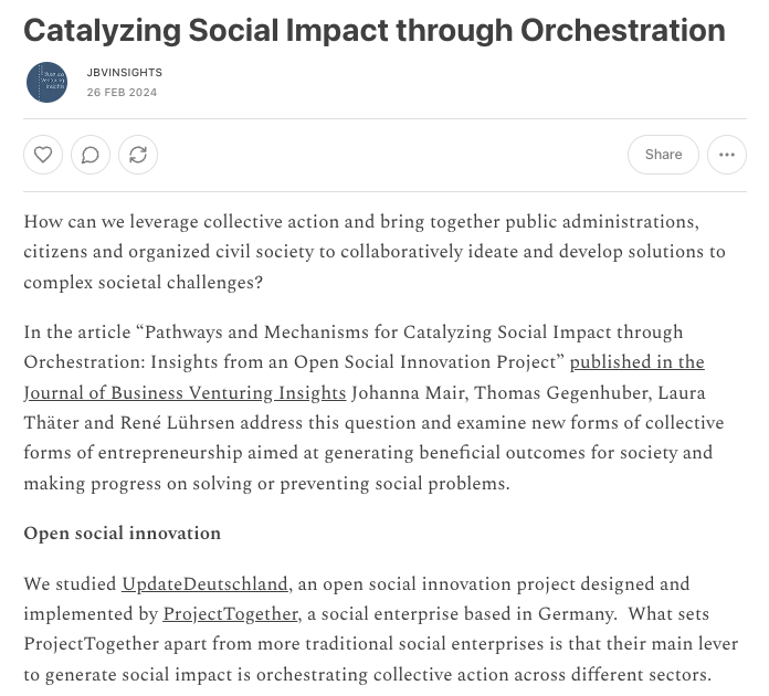 Latest on JBVI Substack: Catalyzing Social Impact through Orchestration In this primer for practitioner, authors @johannamair, @gegenhuber, @LauraThaeter & @ReneLuehrsen discuss how the #impact potential of collaborative initiatives can be catalyzed. 🔗: jbvinsights.substack.com/p/catalyzing-s…