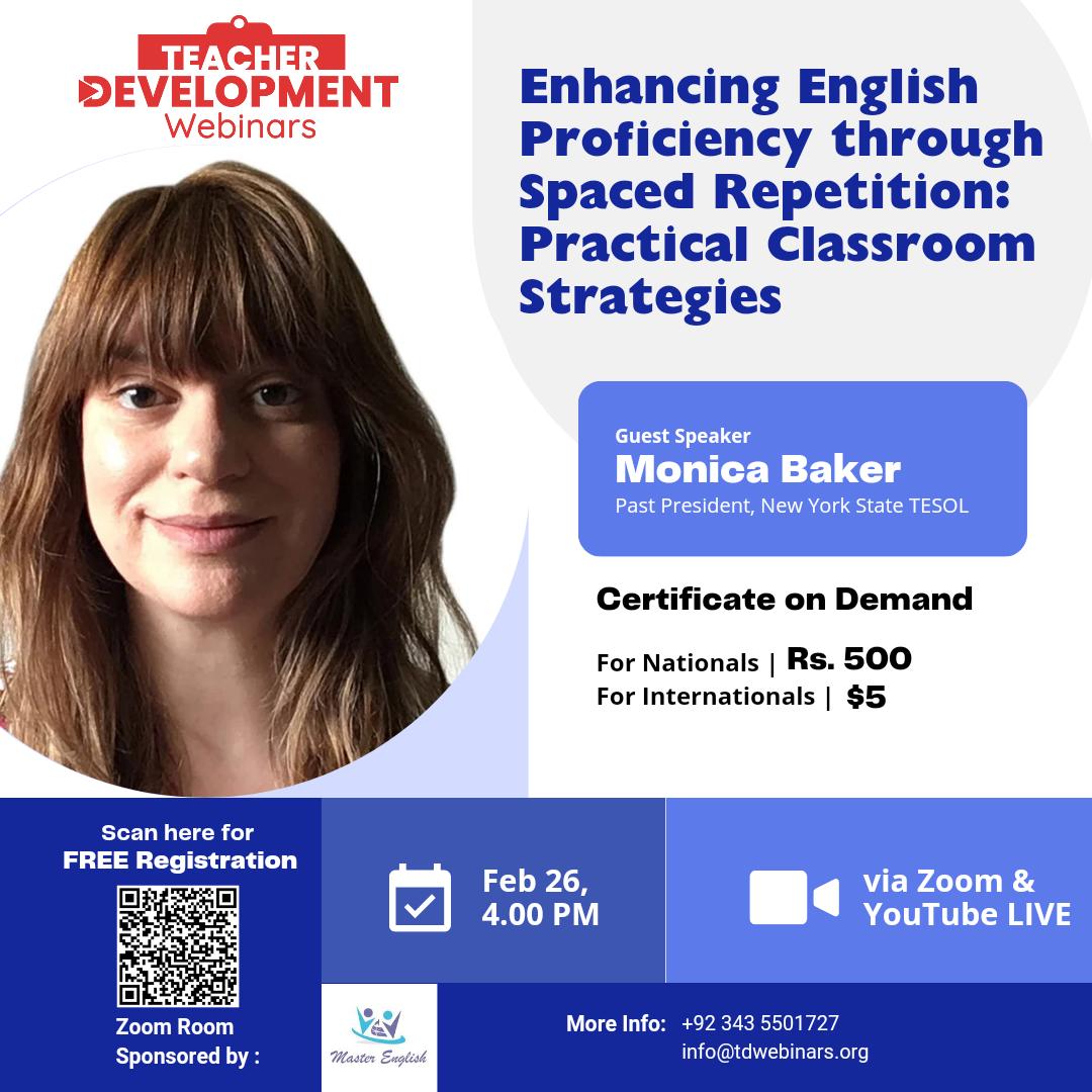 We'll be LIVE with Monica Baker on <a href="/TDWebinars/">Teacher Development Webinars</a> at 4 PM Pakistan Time (about 2 hours from now).

Register here: tdwebinars.org/enhancing-engl…

YouTube LIVE: youtu.be/4Z_EaBBtjRk?si… 

#TDWebinars #EnglishProficiency #SpacedRepetition #ClassroomStrategies #Education #ELT #TESOL #TEFL #CoP