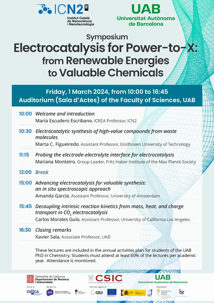 Catalan Institute of Nanoscience & Nanotechnology (@icn2nano) on Twitter photo Join us for this 𝗦𝗬𝗠𝗣𝗢𝗦𝗜𝗨𝗠 on Electrocatalysis, P2X, #Renewable Energies & Valuable #Chemicals!
🗣️ <a href="/MartaCFigueired/">Marta Figueiredo</a>, <a href="/Mari_COMonteiro/">Mariana Monteiro</a>, <a href="/amanda_cgarcia/">Amanda Garcia</a> & <a href="/morales_guio/">Carlos G. Morales-Guio</a>
👩🔬 <a href="/MariaEscEsc/">María Escudero Escribano</a> (ICN2)
📍 Auditórium Science Faculty <a href="/UABBarcelona/">Universitat Autònoma de Barcelona</a>
🗓️ Friday 01/03
⏰ 11am Join us for this 𝗦𝗬𝗠𝗣𝗢𝗦𝗜𝗨𝗠 on Electrocatalysis, P2X, #Renewable Energies & Valuable #Chemicals!
🗣️ <a href="/MartaCFigueired/">Marta Figueiredo</a>, <a href="/Mari_COMonteiro/">Mariana Monteiro</a>, <a href="/amanda_cgarcia/">Amanda Garcia</a> & <a href="/morales_guio/">Carlos G. Morales-Guio</a>
👩🔬 <a href="/MariaEscEsc/">María Escudero Escribano</a> (ICN2)
📍 Auditórium Science Faculty <a href="/UABBarcelona/">Universitat Autònoma de Barcelona</a>
🗓️ Friday 01/03
⏰ 11am
