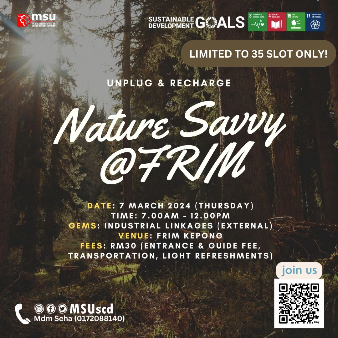 Step into the lush embrace of nature with #MSUrians! 🌿 Join us for an eco-educational adventure at FRIM Kepong, where we'll unravel the secrets of our green world. 🌍✨ Dive deep into the heart of environmental education tailored just for the nature-savvy! 🌳