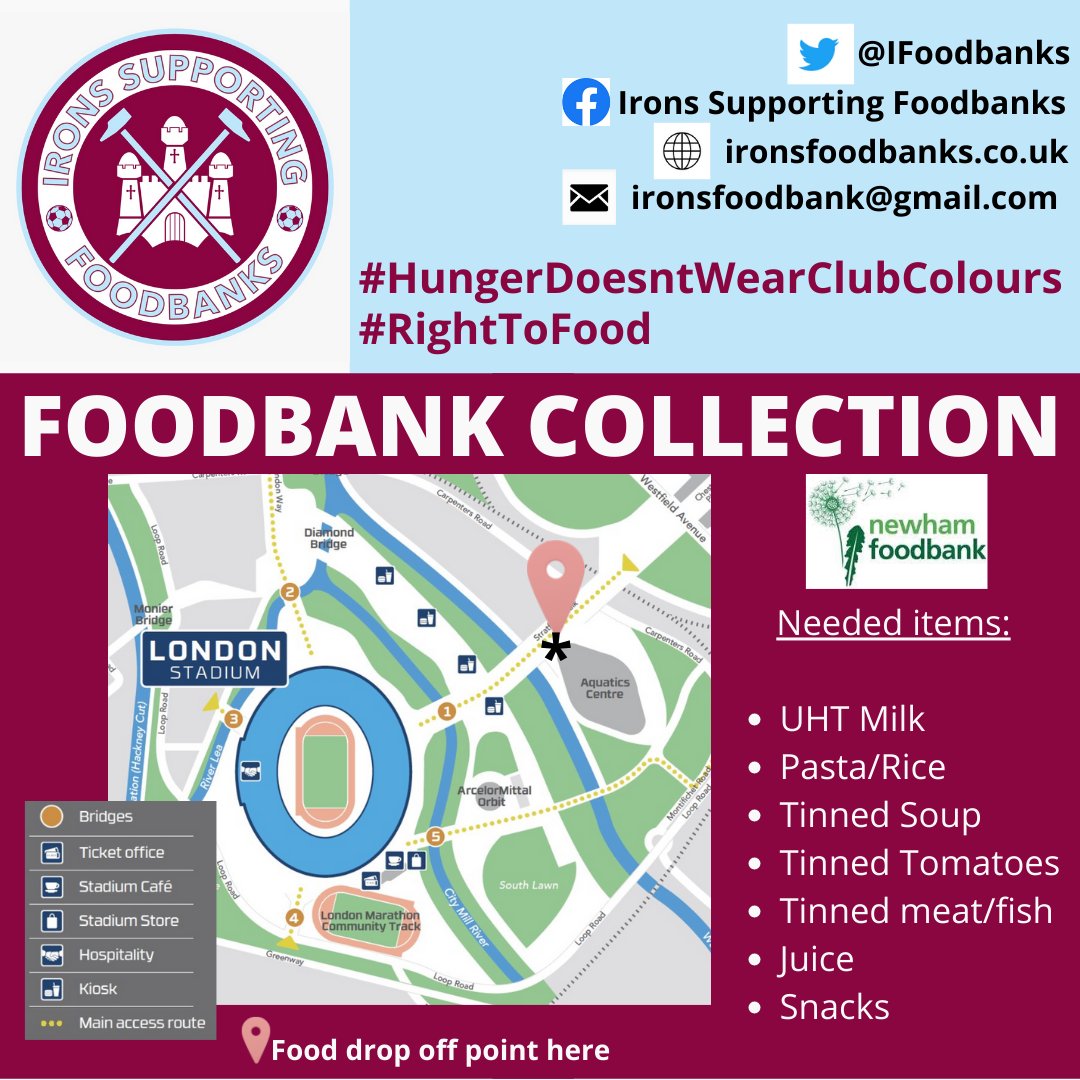 It's back to @premierleague action tonight under the lights for #WHUBRE We'll be collecting at our usual place under the Aquatics Centre roof from 5 pm. Cash and cashless donations are always accepted as well as ambient foodstuffs 🙏⚒️ #RightToFood