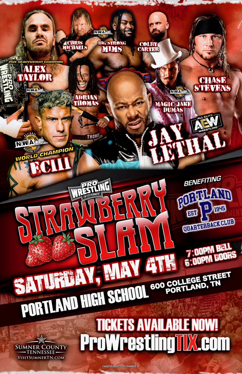 RealJasonJames's tweet image. ‼️BREAKING NEWS‼️

AEW Superstar Jay Lethal and NWA Worlds Heavyweight Champion EC III set to appear at Pro Wrestling Entertainment | Strawberry Slam 2024 in Portland, TN!

PLUS, PWE Champ Alex Taylor, NWA Stars MIMS and Magic Jake, Chase Stevens &amp;amp; MORE!

ProWrestlingTix.com