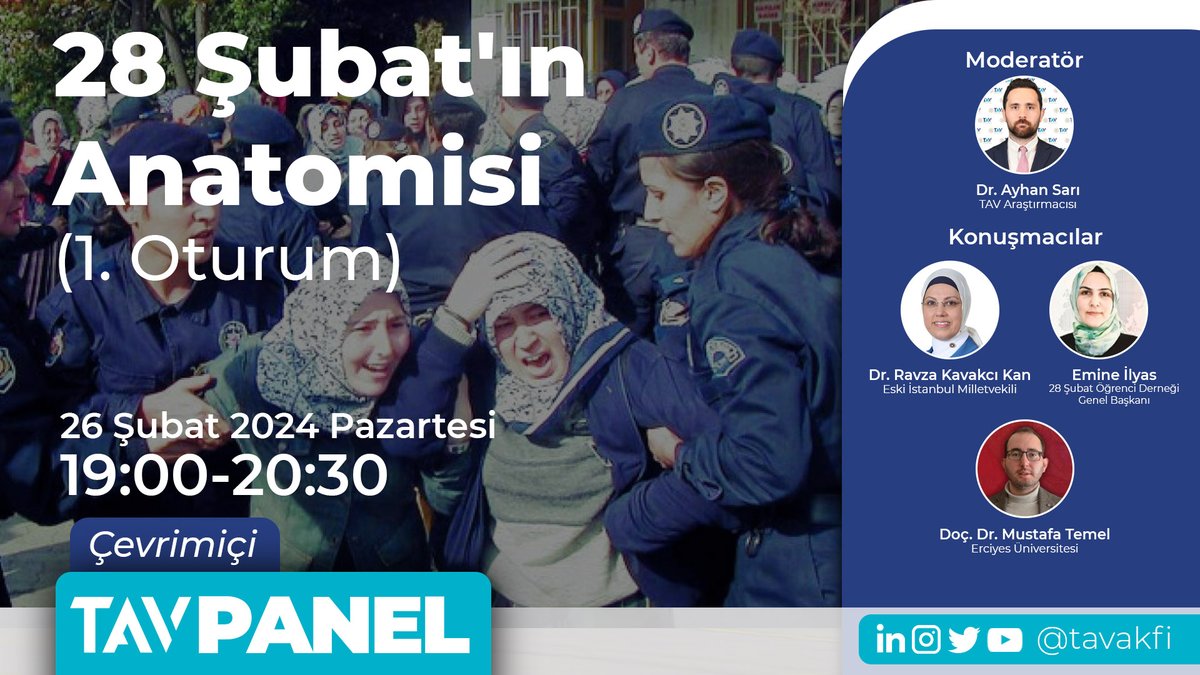 📢📢📢
ÇEVRİMİÇİ PANEL | 28 Şubat'ın Anatomisi

1⃣. Oturum
🗓️BUGÜN
🕖19:00
🔗youtube.com/live/_ixj_hKFw…

Moderatör:
🎙️Dr. Ayhan Sarı | Türkiye Araştırmaları Vakfı (@ayhan9033)

Konuşmacılar:
🎙️Dr. Ravza Kavakcı Kan | Eski İstanbul Milletvekili (<a href="/RavzaKavakci/">Dr. Ravza KAVAKCI KAN 🇹🇷</a>)
🎙️Emine İlyas | 28