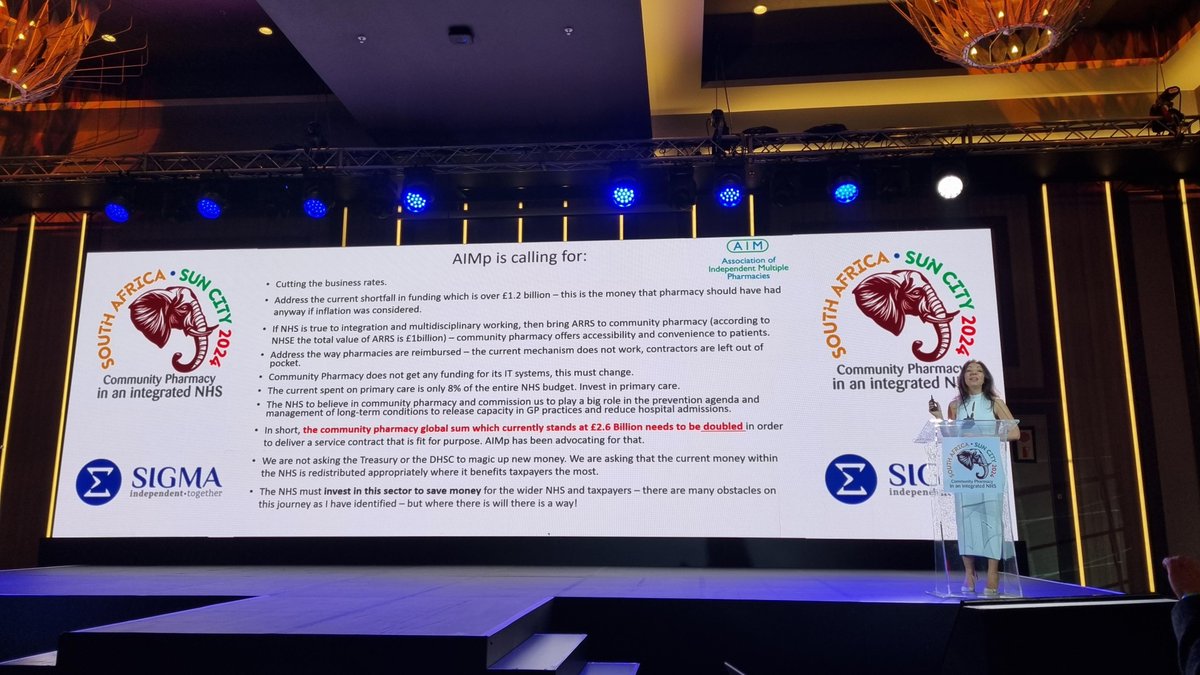 @JanetMorrisonUK @ComPharmEngland @Pharmacist_News @ashsoni0607 @ShilpaS76 @LeylaHannbeck @AIMpharmacies AIMp is calling for a doubling of the community pharmacy global sum, plus: - ARRS for community pharmacy - funding reform - addressing the £1.2bn+ shortfall - funding for community pharmacy IT - NHS to divert money to community pharmacy @AIMpharmacies #SigmaSA @LeylaHannbeck