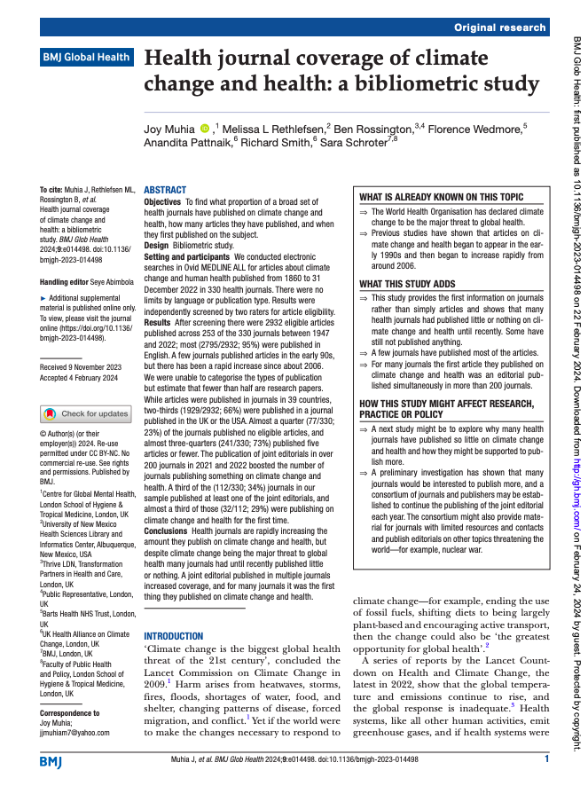 GlobalHealthBMJ's tweet photo. "Health journals are rapidly increasing the amount they publish on climate change and health, but despite climate change being the major threat to global health many journals had until recently published little or nothing."

📣 New Research ➡️ https://t.co/SzbF8kHtUU https://t.co/IfQl64umEA