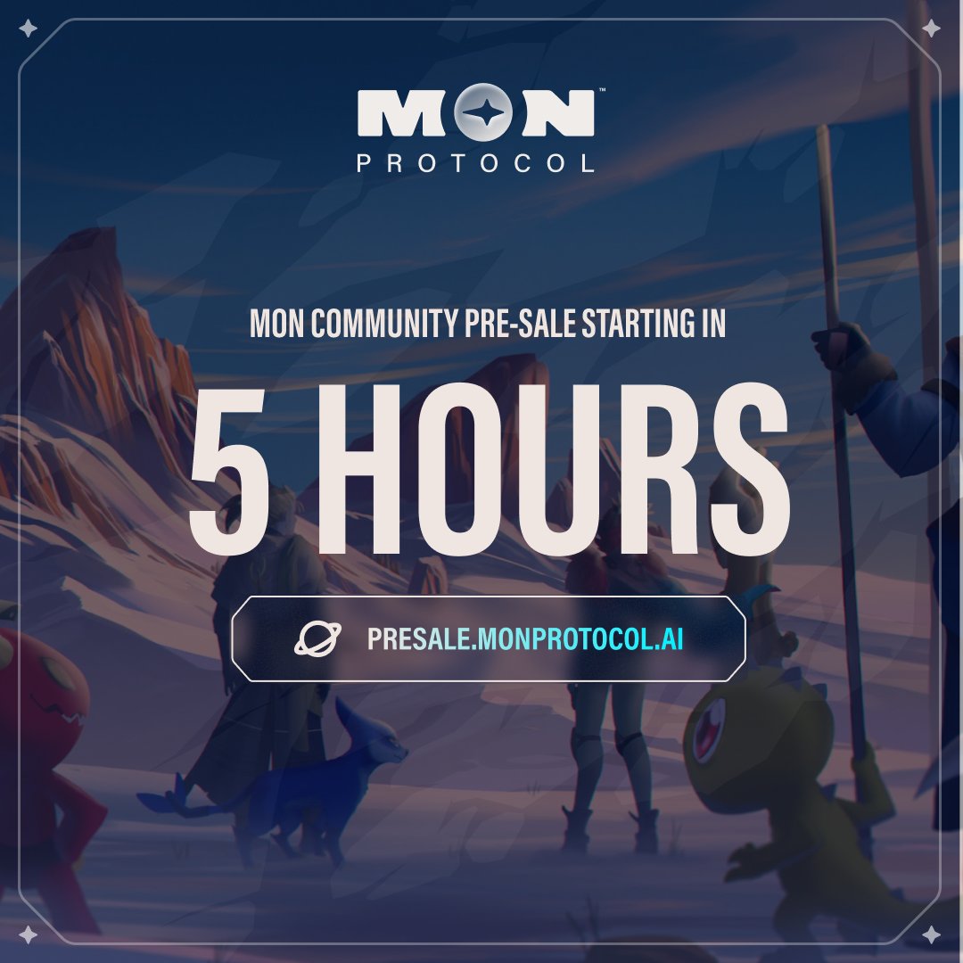Reminder: Less than 5 Hours to the $MON Community Pre-sale

Starting: Monday 26th Feb, 9am EST / 10pm SGT
Ending: Wednesday 28th Feb, 9am EST / 10pm SGT
Duration: 48 Hours

Join Pixelmon Founders <a href="/GiulioXdotEth/">GiulioX🐉 $MON🔺</a> and <a href="/chris_sirise/">Chris</a> for a Founder Spaces session 30 minutes before the