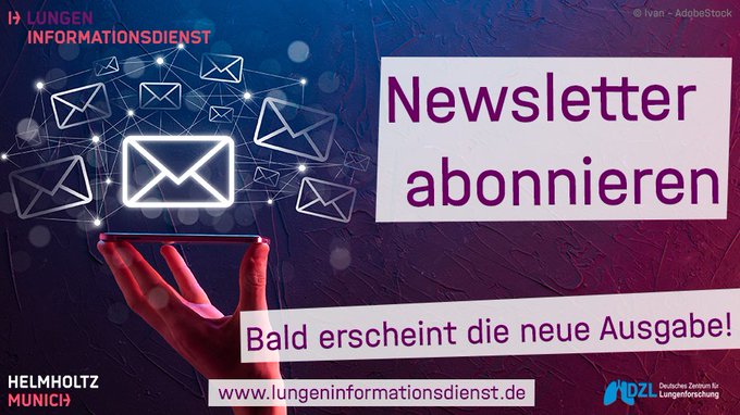 📢Unser nächster Newsletter steht bereits in den Startlöchern - morgen wird er verschickt!

✅Schnell anmelden unter lungeninformationsdienst.de/newsletter und immer aktuell informiert bleiben zu #Lungenforschung und -medizin!

Themen u.a.
#Sarkoidose
#RSV
#COPD
#Lungenkrebs

#Lunge 🫁