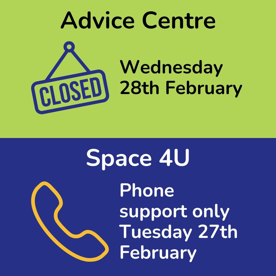 ⛔ On Wednesday, our Advice Centre will be closed. We are open as normal for the rest of the week and you can find our opening times in the pinned post.

📞 Tomorrow, Space 4U on the Isle of Wight will be offering phone support from 6-8pm only. Call 07918 259 361 for support.