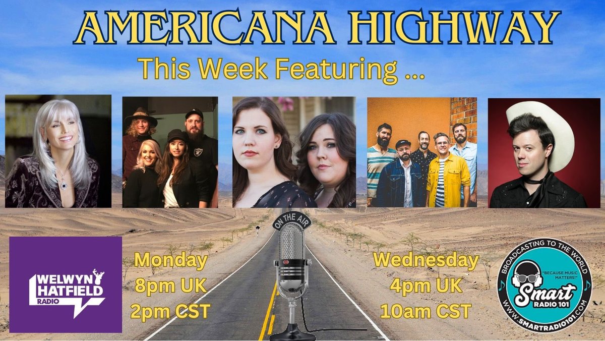 On this weeks playlist @EmmylouSongbird @thewanderhearts @thesecretsister @thesteelwheels @the_zachariahh & more 🤠 Monday @welhatradio Wednesday smartradio101.com Friday mixcloud.com/AMHighway/ 🎸