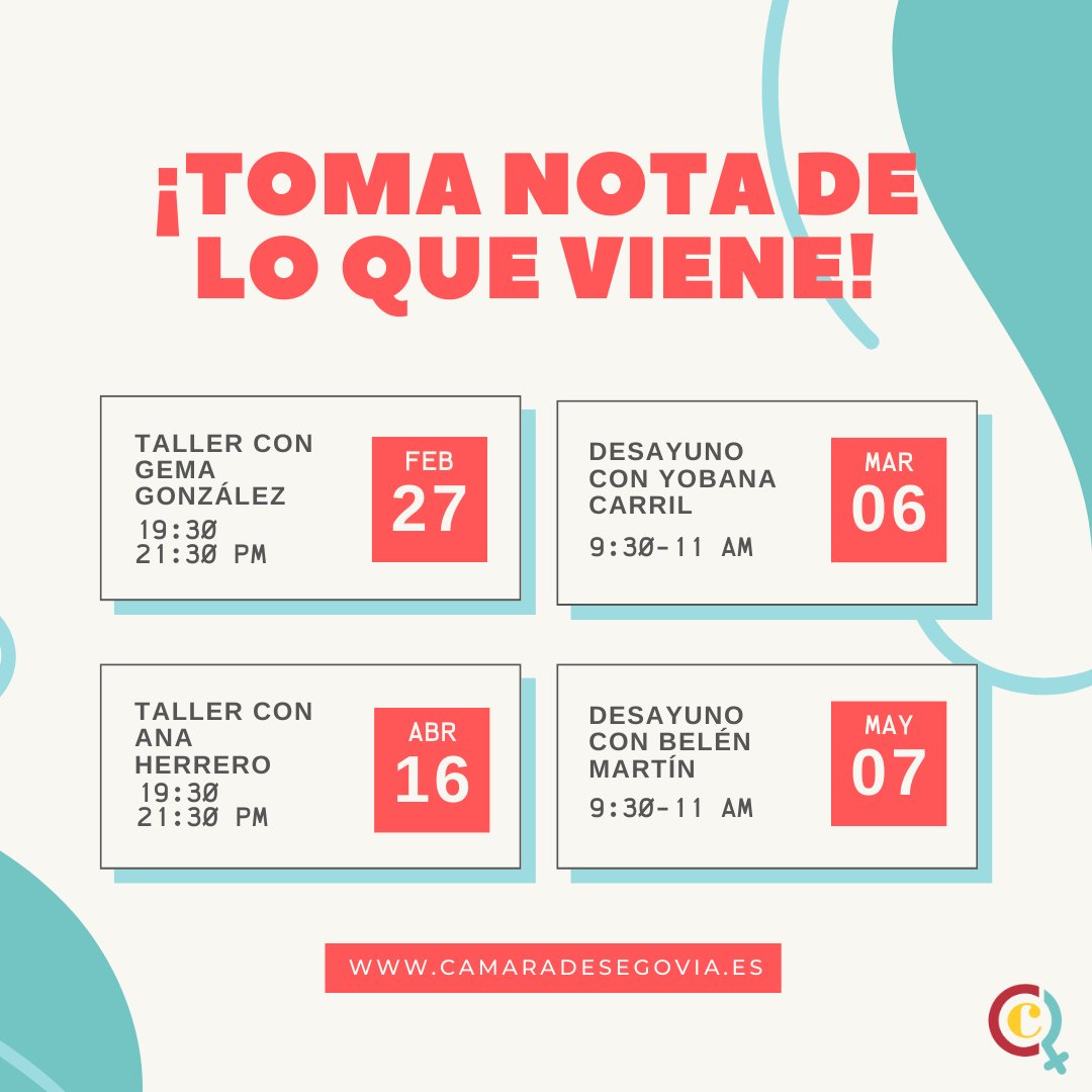 👉Save the date, amiga!👈

📅 27 FEBRERO - Charla con Gema González sobre Libertad Financiera
📅 6 MARZO - Desayuno con Yobana Carril
📅 16 ABRIL - Taller con Ana Herrero
📅 7 MAYO - Desayuno con Belén Martín

¿Has tomado nota de todo?
¡Te esperamos!😘

#TalentofemeninoSegovia