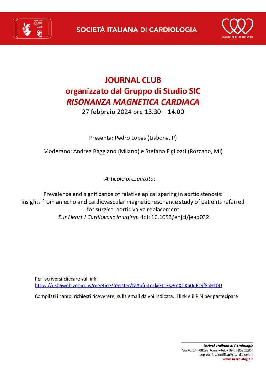 Martedì 27 febbraio 2024 dalle ore 13.30 alle ore 14.00 si terrà il JOURNAL CLUB del Gruppo di Studio SIC RISONANZA MAGNETICA CARDIACA Per iscriversi, cliccare sul link us06web.zoom.us/meeting/regist…