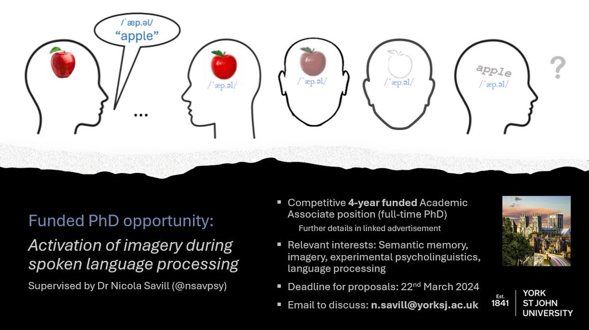 nsavpsy's tweet image. I'm offering a fully-funded Psychology PhD 'Activation of imagery during spoken language' 💭 (info and other offered PhD topics here:
jobs.yorksj.ac.uk/Vacancy.aspx?r…) Proposal deadlines 22nd March. Please get in touch to discuss/share with those that might be suited and interested!😊