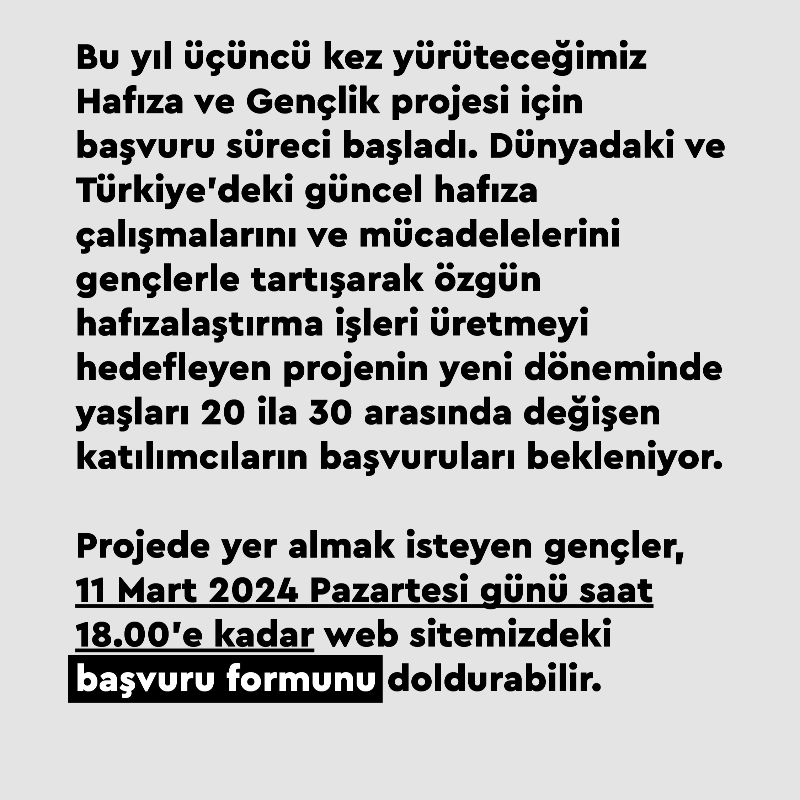 hakikatadalet's tweet photo. 🚀Gençlere açık çağrı: #HafızaveGençlik projesi için yeni dönem başvuru süreci başladı! 

Özgün hafızalaştırma işleri üretmeyi hedefleyen projenin üçüncü döneminde yaşları 20 ila 30 arasında değişen katılımcıların başvurularını bekliyoruz.

► Detaylar: https://t.co/UfDxo2Jr6s