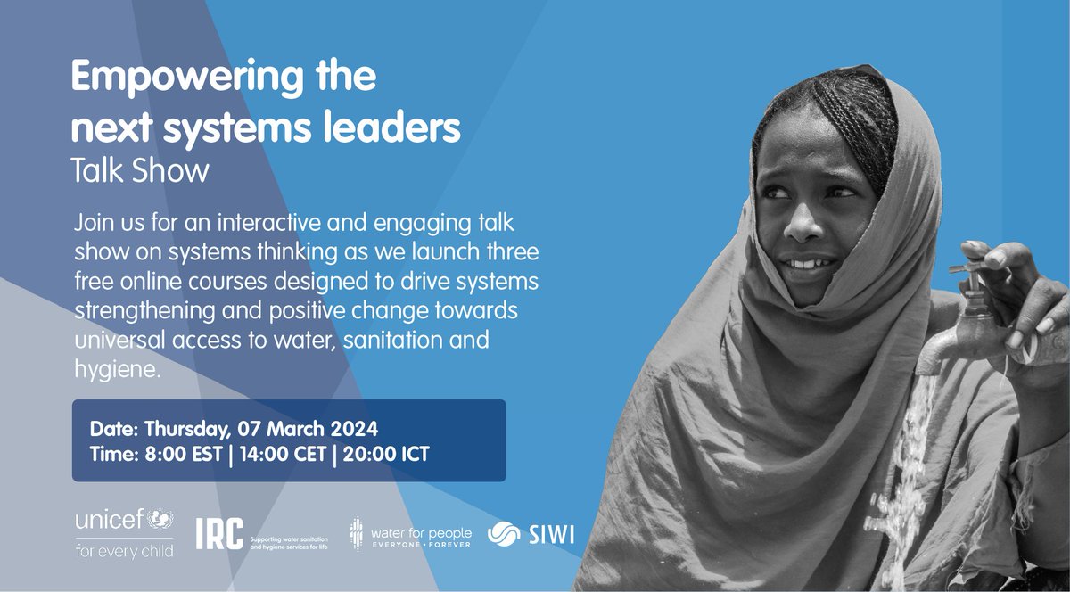 Exciting news! 🎆 @UNICEFwater's Agora and IRC’s #WASHSystemsAcademy are proud to unveil 3 online courses on systems strengthening and finance for WASH. Dive into the details at our live talk show March 7. Mark your calendar for an engaging experience: 📝bit.ly/SystemsLeaders…