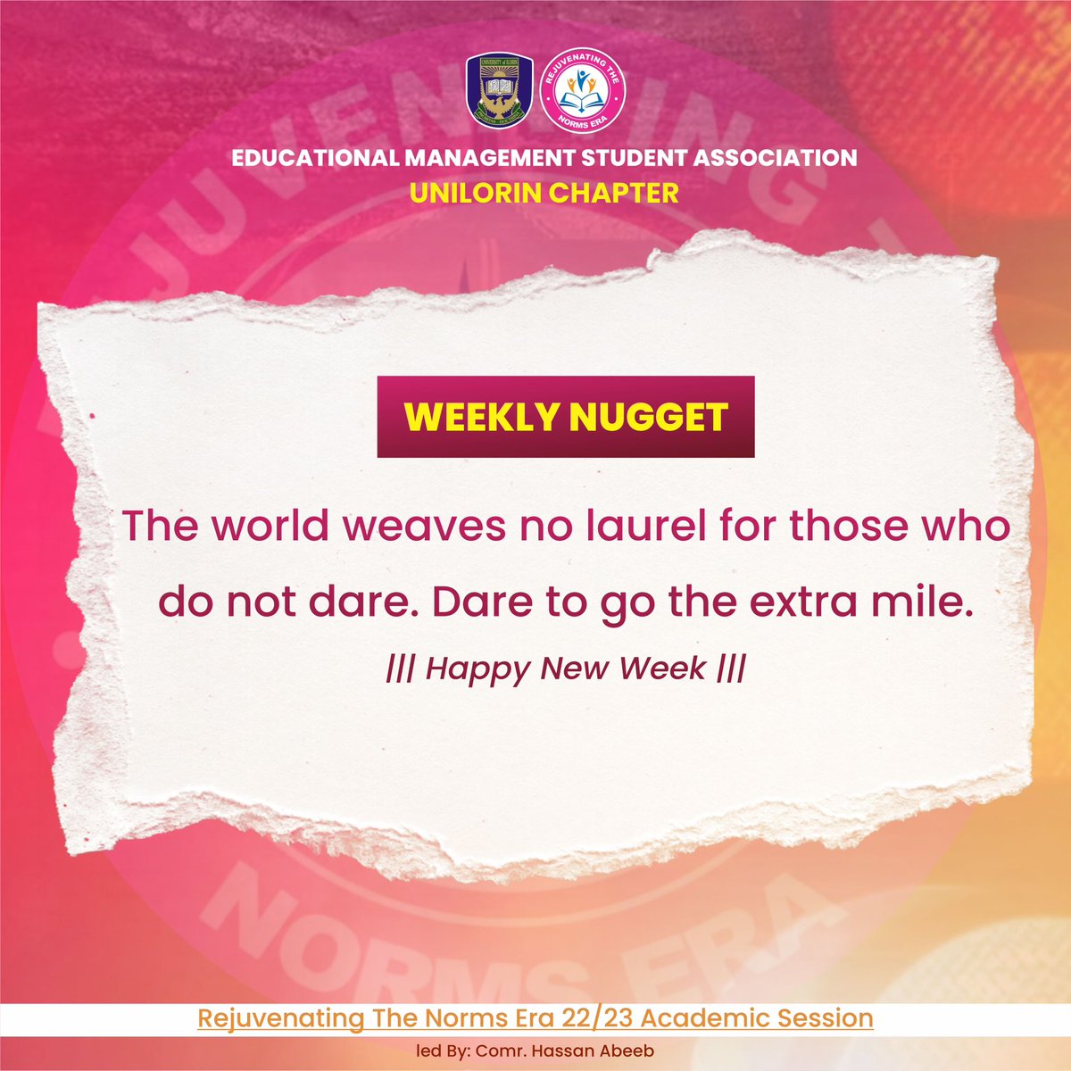 Emsa_Media's tweet photo. Monday Motivational Quote!
โThe world weaves no laurel for those who do not dare. Dare to go the extra mile.โ Happy New Week!
#WeeklyNugget
#BetterByFar๐
#EmsaUnilorin https://t.co/sCnZlAieJe