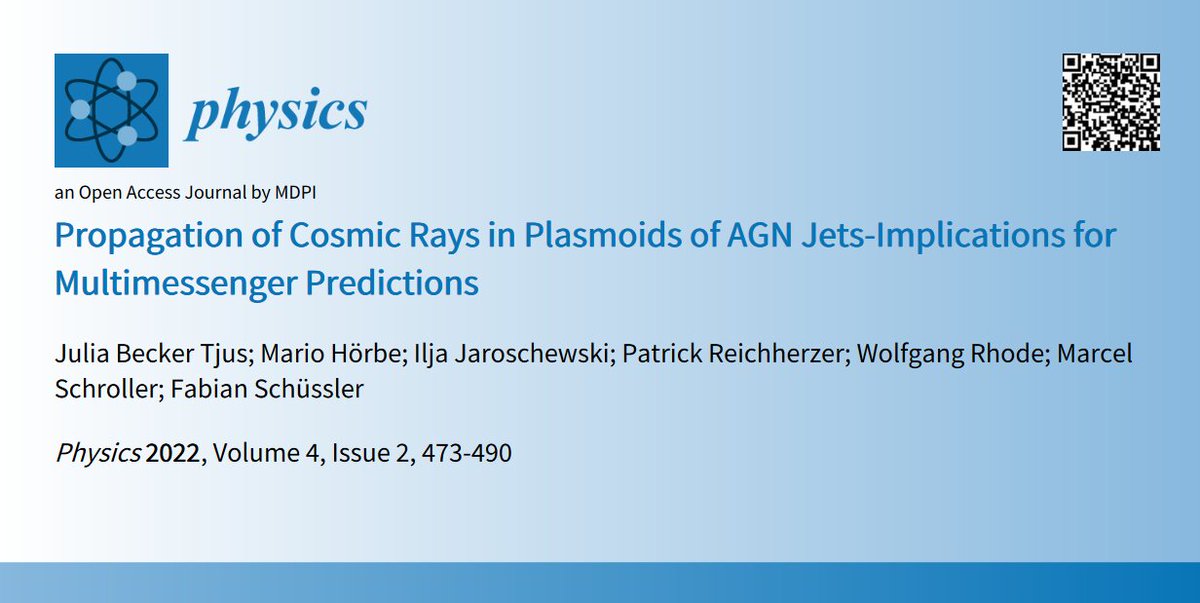 Physics_MDPI's tweet photo. Propagation of Cosmic Rays in Plasmoids of AGN Jets-Implications for Multimessenger Predictions | Article by Julia Becker Tjus, et al
https://t.co/rqH5gl4Nuy
@ruhrunibochum @UnivParisSaclay
@CEA_Officiel @TU_Dortmund
#CosmicRay #Plasmoid #AGN #neutrino #multimessenger #physics https://t.co/MsaJuWFeM8