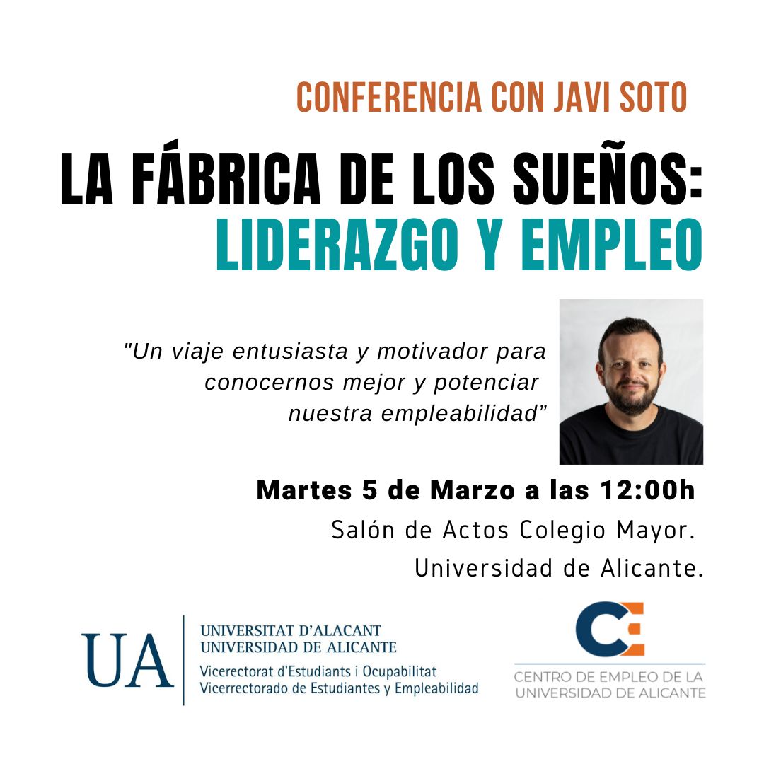 📝No te pierdas este 5 de marzo, "La Fábrica de los Sueños 2024" con <a href="/JaviSotoNet/">Javi Soto</a>,
 
📢Una actividad de empleabilidad dirigida a crear un espacio para tu reflexión y planificación de objetivos académicos, personales y profesionales.

📲centroempleo.ua.es/es/formacion/f…