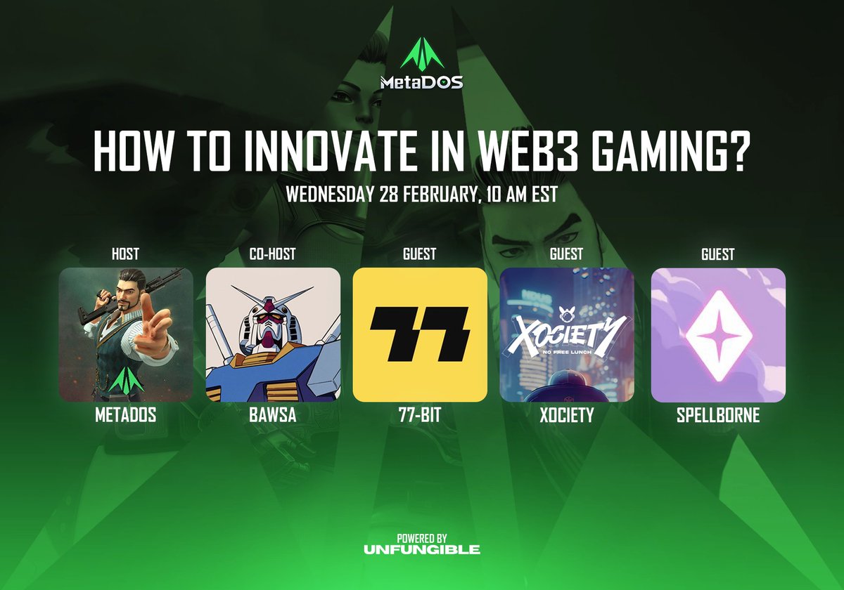Calling all gaming innovators! Join MetaDOS space as we delve into the world of Web3 gaming innovation! 2 GWL spots waiting for you. 🚀
Speakers: 
@nftbawsa - Co-host
<a href="/77BitOfficial/">Analog</a> 
<a href="/xocietyofficial/">XOCIETY</a> 
<a href="/spellborne/"></a>
