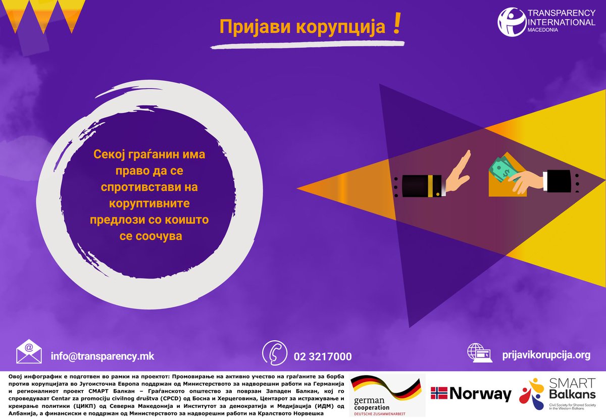 TI_Macedonia's tweet image. Пријави корупција! 👇

🟣 prijavikorupcija.org
🟣 facebook.com/TransparencyMK
🟣 facebook.com/prijavikorupci…
🟣 instagram.com/timacedonia/
🟣 
🟣 linkedin.com/company/ti-mac…

#SMARTBalkansProject #SupportedByNorway #CoreSupport @BalkansSmart